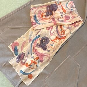 100% Silk Scarf 70” x 7.5” cream with blue, pink, purple orange abstract design